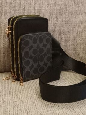 Canvas Crossbody Bag with Signature 'C' Pattern - Black/Charcoal